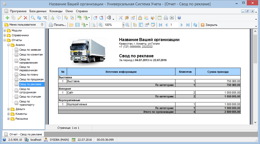 Система управления логистикой УСУ с маркетинговыми отчетами